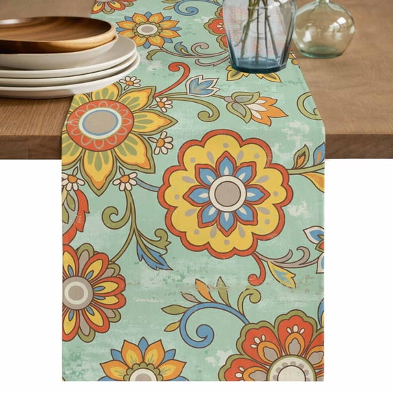 Teal Green Boho Floral Table Runner 48 Inches, Vintage Abstract Art Ethnic Flowers Bed Runner Dresser Scarves Tabletop for Indoor Outdoor Parties/Ceremony/Banquet, 13" x 48"