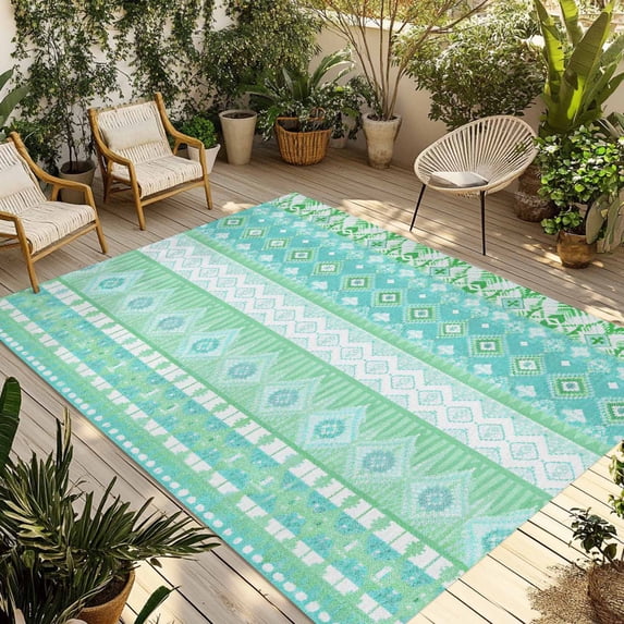 Teal Green Boho Outdoor Rug for Patio/Deck/Porch, Non-Slip Large Area Rug 6 x 9 Ft, Vintage Ethnic Tribe Abstract Art Indoor Outdoor Rugs Washable Area Rugs, Reversible Camping Rug Carpet Runner
