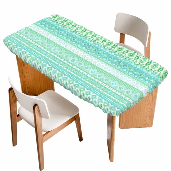 Teal Green Boho Table Cloths for 4 Foot Rectangle Tables, Vintage Ethnic Tribe Abstract Art Patio Waterproof Elastic Fitted Tablecloths, Washable Rectangular Table Cover for Camping