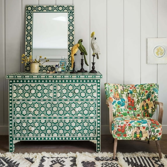 Teal Green Bone Inlay Chest of Drawers with FREE MIRROR