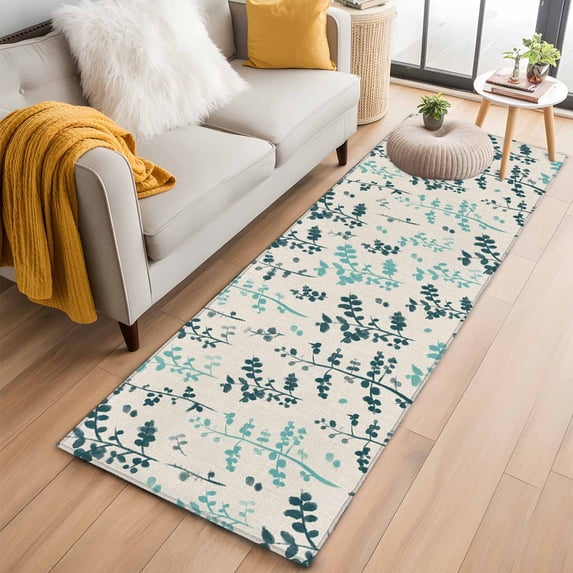 Teal Green Botanical 2'x6' Runner Rugs for Hallway Kitchen Bedside Non Slip, Rustic Country Spring Floral Summer Leaf Entryway Rug Runners with Rubber Backing, Long Carpet Runner for Laundry Room