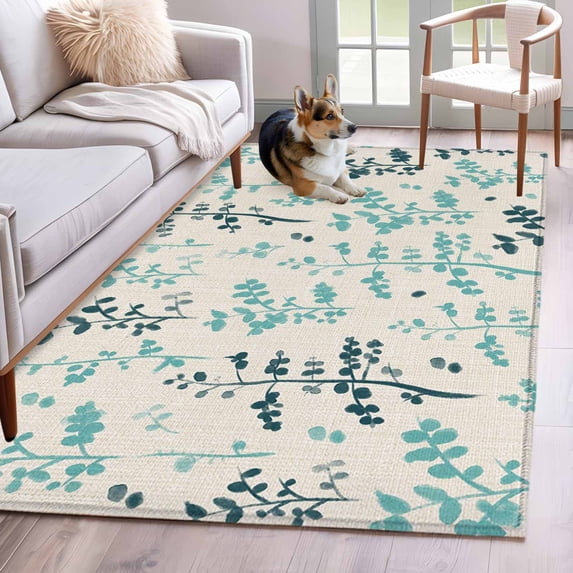 Teal Green Botanical Area Rugs 2.7'x5', Small Throw Rugs for Kitchen Bedroom, Rustic Country Spring Floral Summer Leaf Indoor Outdoor Rug Non-Slip Low Pile Carpet Runner Reversible Floor Mats
