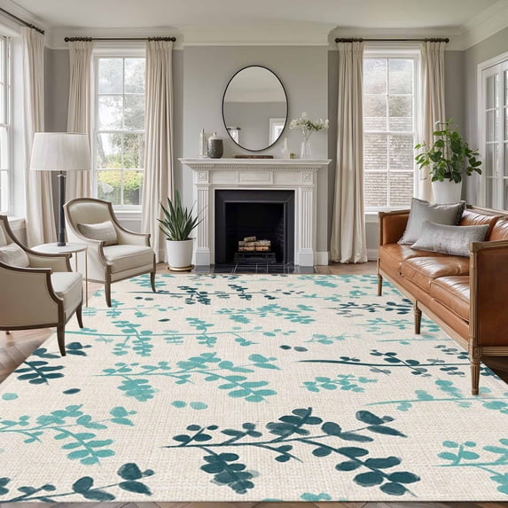 Teal Green Botanical Area Rugs 6'x9', Small Throw Rugs for Kitchen Dining room, Rustic Country Spring Floral Summer Leaf Indoor Outdoor Rug Non-Slip Low Pile Carpet Runner Reversible Floor Mats