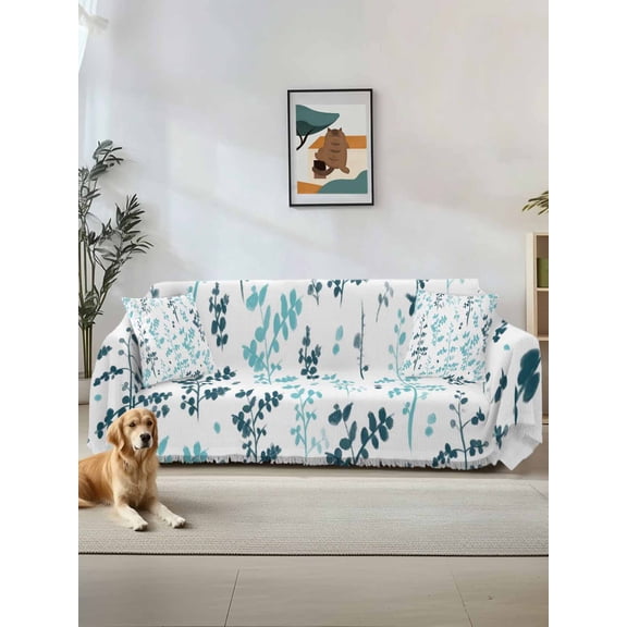 Teal Green Botanical Couch Cover Sofa Covers 3 Cushion Sectional Couch, Watercolor Spring Floral Summer Leaf Washable Sofa Covers Slipcover Sectional Sofa Cover, Furniture Protector 71"x150"