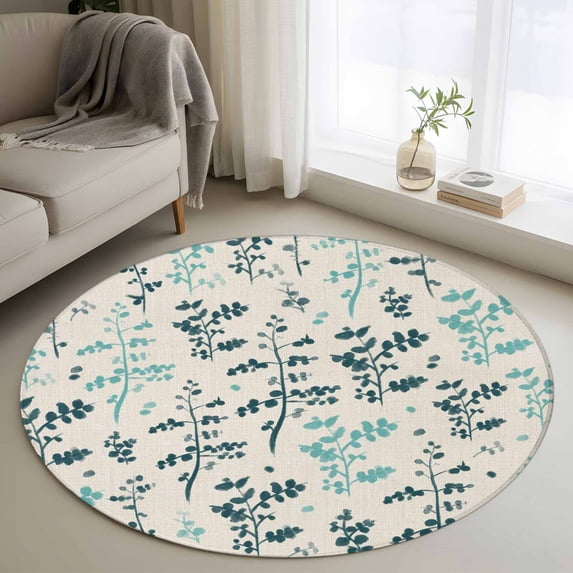 Teal Green Botanical Round Area Rug 4Ft Washable Circle Rugs for Bedroom Dining Room, Rustic Country Spring Floral Summer Leaf Non-Slip Carpet Floor Mats Indoor Outdoor Carpet Runner Home Decor