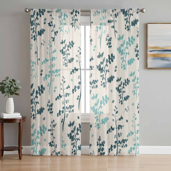 Teal Green Botanical Sheer Curtains 63 Inch Length 2 Panels Set Window Treatments, Rustic Country Spring Floral Summer Leaf Rod Pocket Semi Curtains for Living Room/Bedroom/Kitchen, 104"W x 63"L