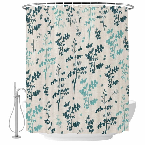 Teal Green Botanical Shower Curtain, Waterproof Shower Curtains for Bathroom, Rustic Country Spring Floral Summer Leaf Washable Fabric Bathtub Curtain Set Bath Decor with 12 Hooks Stall 36"x72"