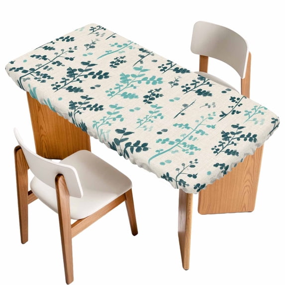 Teal Green Botanical Table Cloths for 3 Foot Rectangle Tables, Rustic Country Spring Floral Summer Leaf Patio Waterproof Elastic Fitted Tablecloths, Washable Rectangular Table Cover for Camping