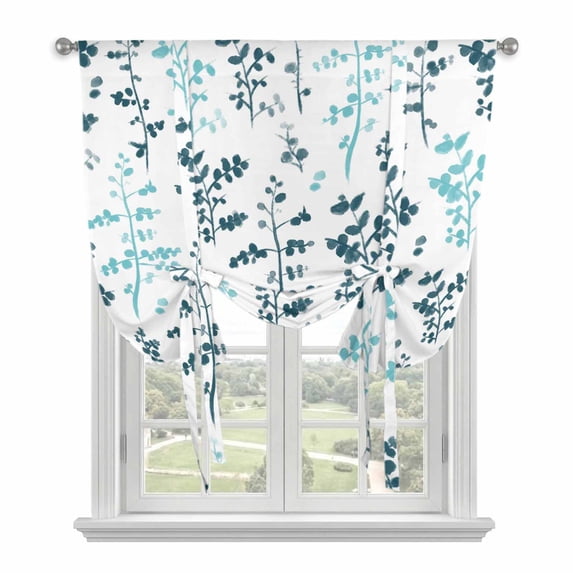 Teal Green Botanical Tie Up Curtains for Windows, Balloon Window Shades, Watercolor Spring Floral Summer Leaf Kitchen Window Treatments Roll Up Curtain for Basement/Nursery 52"x45"