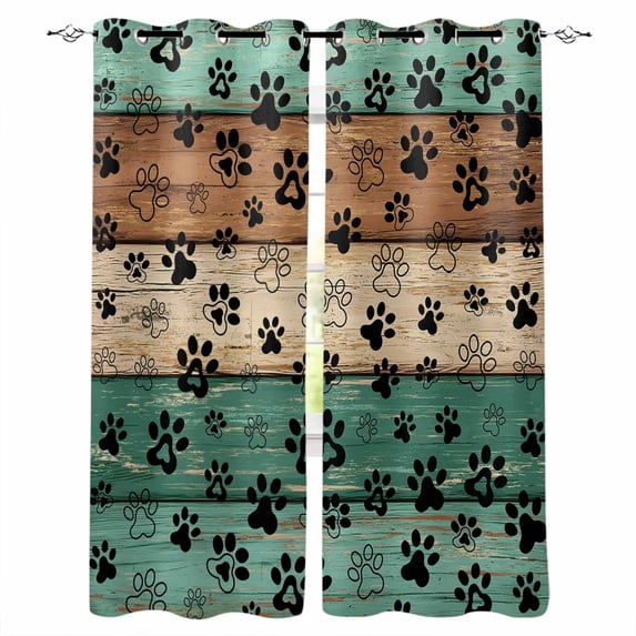 Teal Green Brown Blackout Curtains 45 Inches Long, Kitchen Black Out Window Treatments, Farmhouse Dog Paw Vintage Thermal Insulated Lined Drapes for Small Window with Grommet 42"x45"