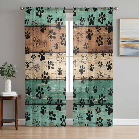 Teal Green Brown Sheer Curtains 63 Inch Length 2 Panels Set Window Treatments, Farmhouse Dog Paw Vintage Rod Pocket Semi Curtains for Living Room/Bedroom/Kitchen Décor, 104"W x 63"L