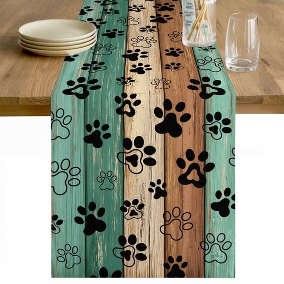 Teal Green Brown Table Runner - 72 Inch Long Farmhouse Dog Paw Vintage Cotton and Linen Blended Dress Scarves Farmhouse Table Runner for Kitchen Dining, Coffee Table, 13" x 72"