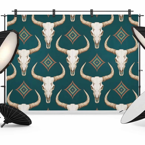 Teal Green Bull Skulls Backdrops for Photography, Ethnic Boho Geometric Tribal Fabric Photo Background Sturdy Studio Props for Photo Studio, Video Recording, Booth & Photoshoot 7x5ft