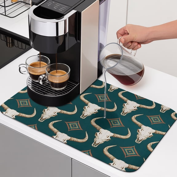 Teal Green Bull Skulls Dish Drying Mats for Kitchen Counter, Ethnic Boho Geometric Tribal Absorbent Coffee Bar Mat with Non-slip Rubber Backed Quick Drying Dish Rack Pad 12"x16"