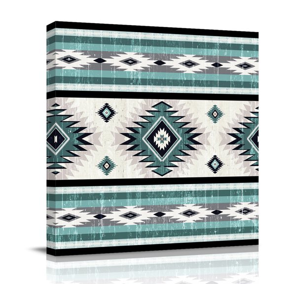 Teal Green Canvas Wall Art for Living Room, Southwestern Native Aztec Ethnic Style Geometric Poster Print Painting for Bedroom Office Home Decoration Wall Pictures Prepare To Hang 8"x8"
