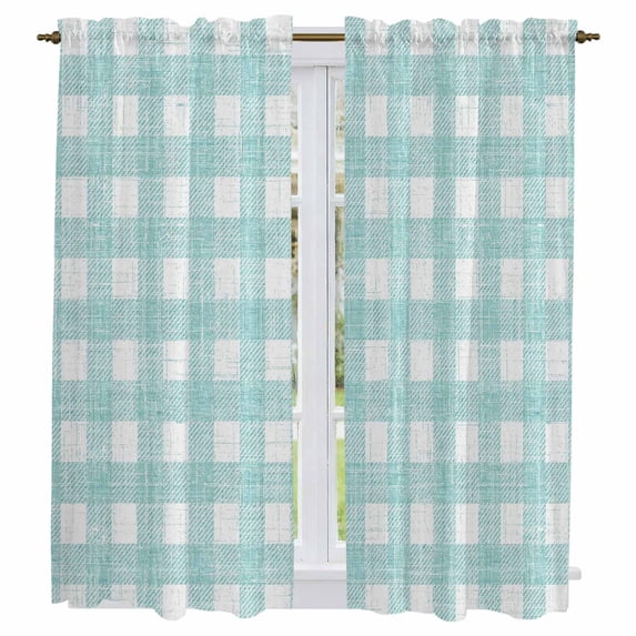 Teal Green Check Kitchen Curtains 63 Inch Length, Boho Buffalo Plaid Farmhouse Vintage Tiers Curtains for Living Room Berdoom Bathroom, Light Filtering Drapes Window Treatment 2 Panels 42"Wx63"L