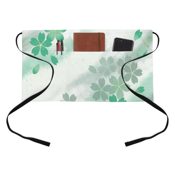 Teal Green Cherry Blossoms Half Waist Apron Abstract Ombre Floral Petals Short Waiter Aprons with 3 Pockets for Women Men Kitchen Restaurant Cooking