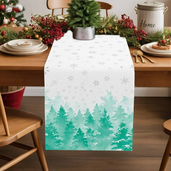 Teal Green Christmas Cotton Linen Table Extra Long Runner 13 x 120 inch Winter Snowflake Abstract Forest Tree Non-slip Rectangular Dining Table Decor for Wedding Party Holiday Dinner