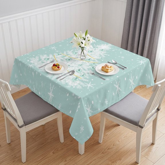 Teal Green Christmas Tree Table Cloth Waterproof Tablecloths, Balls Snowflake Xmas Tree Tablecloth Dining Table Cover for Kitchen Party Tabletop Outdoor, Square Tablecloth 54x54 Inch