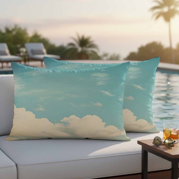 Teal Green Cloudy Sky Outdoor Pillow Covers 20x12 Inch Lumbar Pillow Covers Set of 2 Waterproof Decorative Throw Pillow Cases Modern Vintage Nature Clouds Cushion Covers for Patio Furniture Garden