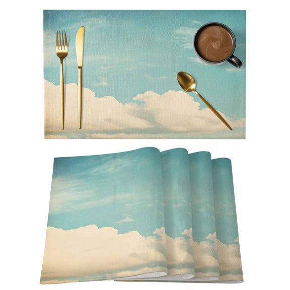 Teal Green Cloudy Sky Placemats Set of 4 Modern Vintage Nature Clouds Place Mats Indoor Wipeable Table Mats Washable Cloth Dining Table Placemats for Kitchen Holiday Party Home Decor 13x19 Inch
