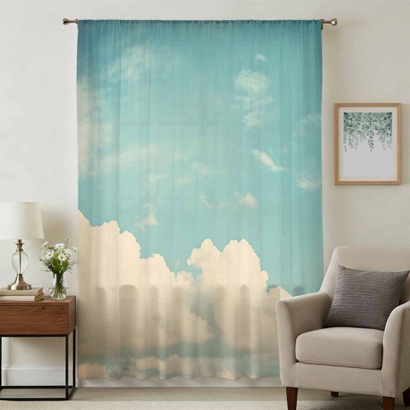 Teal Green Cloudy Sky Sheer Curtains 45 Inches Long, Modern Vintage Nature Clouds Light Filering Curtains, Breathable Simi Curtain Privacy Drapes for Kitchen Bathroom Small Window Treatment