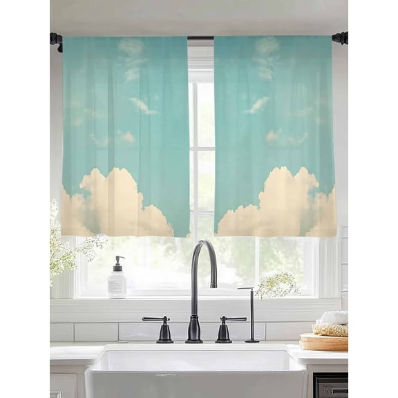 Teal Green Cloudy Sky Sheer Curtains for Living Room Bedroom Modern Vintage Nature Clouds Sheer Curtains 45 Inch Long 2 Panels Set Light Filtering Curtain Window Treatments Drapes for Dining Room
