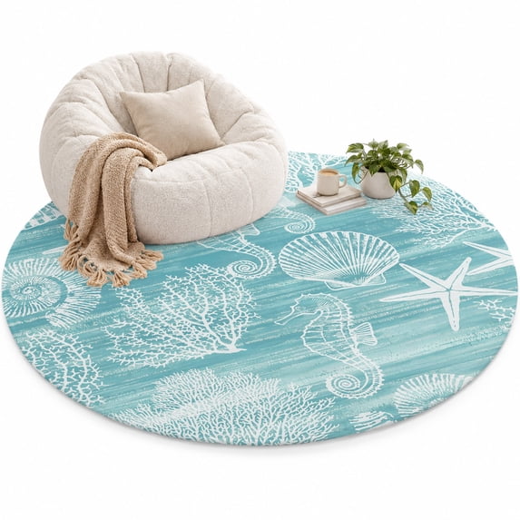 Teal Green Coastal Area Rug 4', Nautical Starfish Seahorse Coral Summer ...
