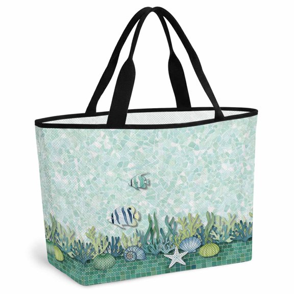 Teal Green Coastal Beach Bag for Women, Large Breathable Mesh Beach Tote Bag, Summer Beach Ocean Coral Fish Shell Sandproof Lightweight Travel Bags for Vacation Picnic Swimming Pool 15.7"x15.7"x9.1"
