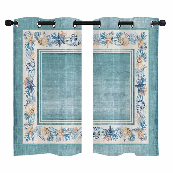 Teal Green Coastal Blackout Curtains 39 Inches Long, Vintage Beach Starfish Shell Summer Coral Thermal Insulated Room Darkening Drapes with Grommets for Living Room 27.5"W x 39"L, 2 Panels