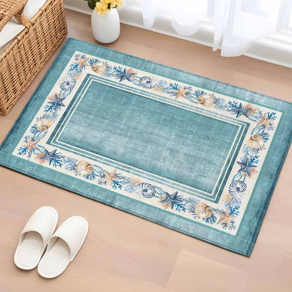 Teal Green Coastal Entryway Rug 2'x3' Vintage Beach Starfish Shell Summer Coral Small Area Rug Non-Slip Front Door Mat Washable Floor Carpet for Indoor Entrance Kitchen Bathroom