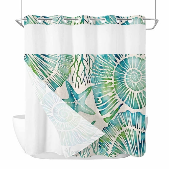 Teal Green Coastal No Hook Shower Curtain with Snap in Liner, Waterproof Fabric Shower Curtains, Summer Beach Nautical Starfish Shell Coral Shower Curtain Set Top See Through for Bathroom 72"x72"