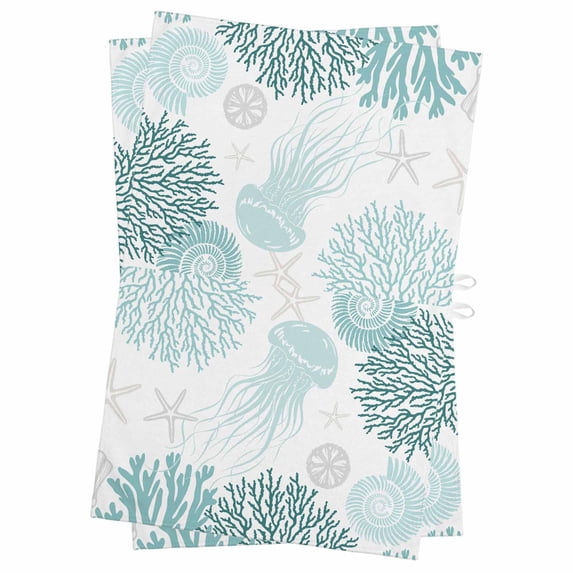 Teal Green Coastal Kitchen Towels Set of 2, Water Absorbent Dish Towel, Coral Jellyfish Nautical Decorative Hand Towels - Quick Drying Cloth for Cooking Baking, 18x28 Inch