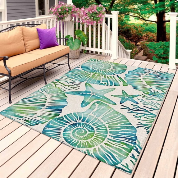 Teal Green Coastal Outdoor Rug for Patio/Deck/Porch, Non-Slip Large Area Rug 4 x 6 Ft, Summer Beach Nautical Starfish Shell Coral Indoor Outdoor Rugs Washable Area Rugs, Camping Rug Carpet Runner