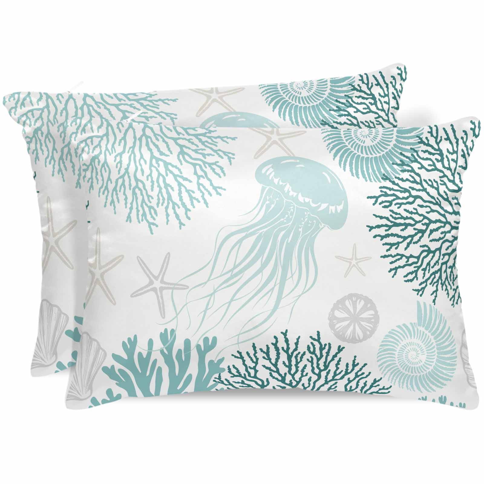 Teal Green Coastal Pillow Cases King Size Set of 2, Smooth Satin Pillowcase for Hair and Skin, Coral Jellyfish Nautical Decorative Cooling Bed Pillow Covers with Zipper, 20x36 Inches