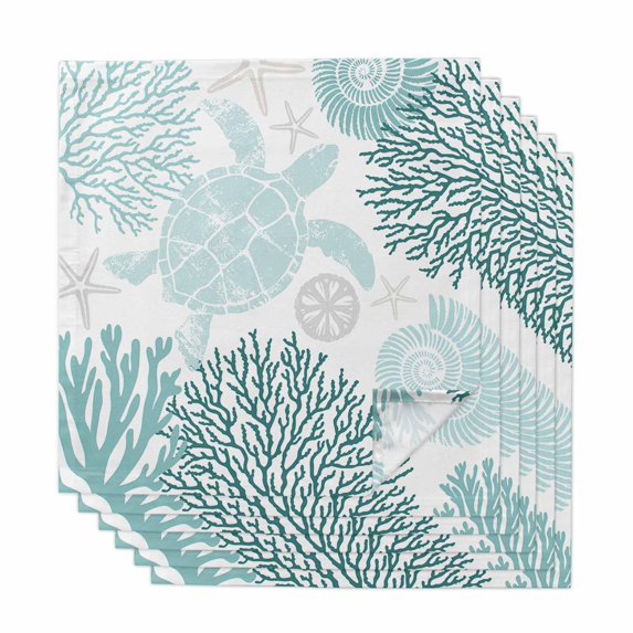 Teal Green Coastal Turtle Cloth Napkins, Ocean Coral Nautical Washable and Reusable Dinner Napkins Set of 6, Table Napkin for Kitchen Party Birthday Wedding Hotel Housewarming 20"x20"