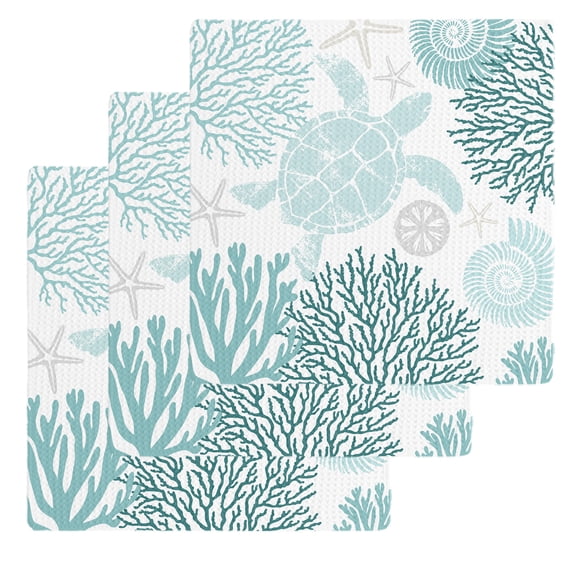 Teal Green Coastal Turtle Dish Towels Set, Waffle Weave Kitchen Towels 3 Pieces, Ocean Coral Nautical Microfiber Hair Face Bath Tea Towel Absorbent Quick Drying Cleaning Dish Cloths, 12"x12"