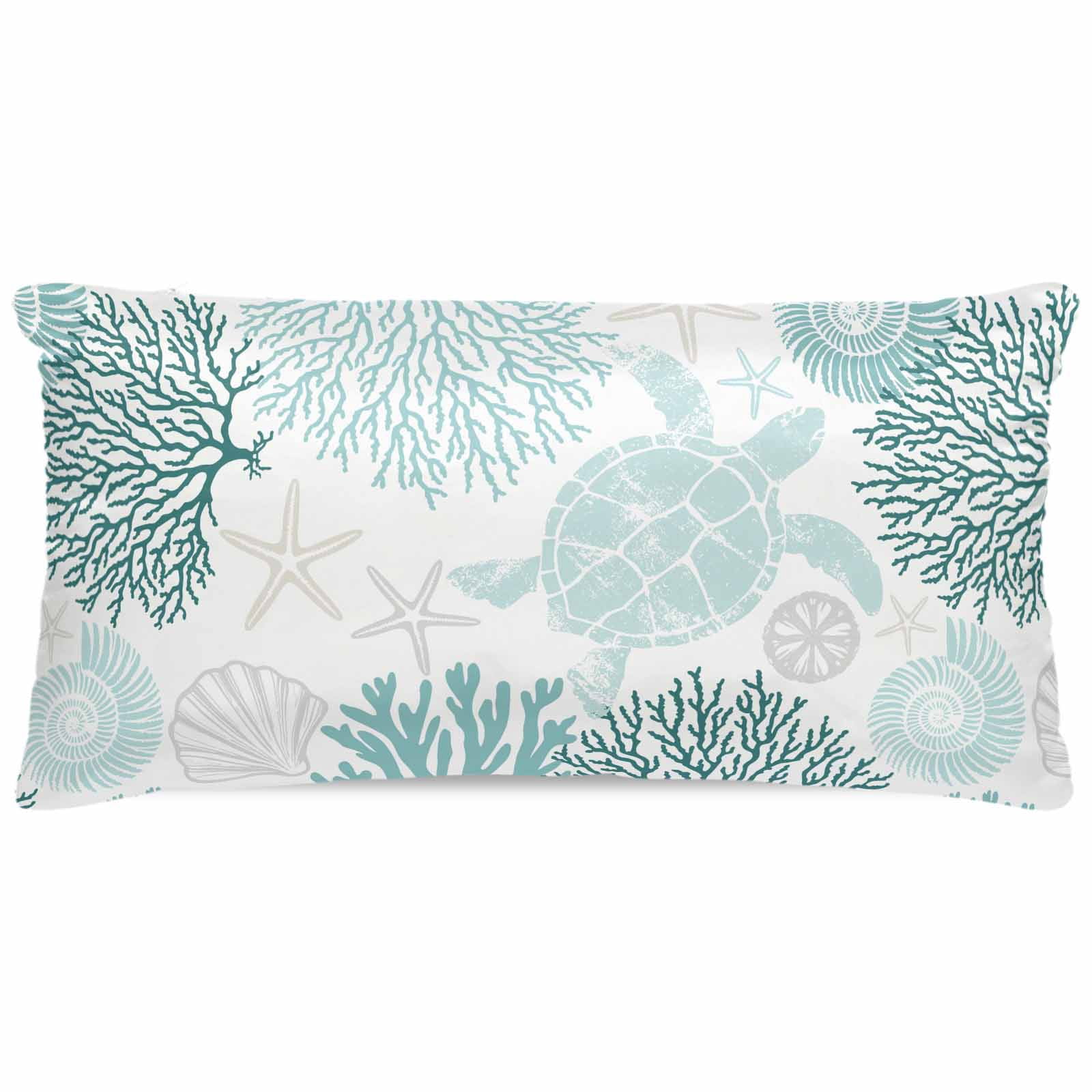 Teal Green Coastal Turtle Pillow Cases Cal King Size, Smooth Satin Pillowcase for Hair and Skin, Ocean Coral Nautical Decorative Cooling Bed Pillow Covers with Zipper, 20x40 Inches