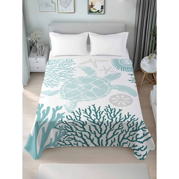 Teal Green Coastal Turtle Queen Size Flat Sheet, Wrinkleproof & Fadeproof Cooling Flat Bed Sheet Only, Ocean Coral Nautical Breathable Soft Bedding Top Sheets 90 x 102 Inches