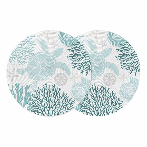 Teal Green Coastal Turtle Round 13 Inch Placemats Set of 2, Ocean Coral Nautical HeatResistant Non Slip Place Mats for Dining Table, Wipeable Braided Kitchen Table Mats for Housewarming