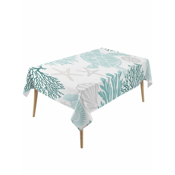 Teal Green Coastal Turtle Table Cloth, Ocean Coral Nautical Waterproof Tablecloth for Rectangle Tables, Reusable Washable Fabric Table Cover for Restaurant Kitchen Dining Tables 60"x120"