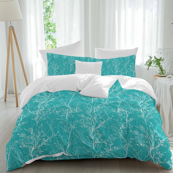 Teal Green Comforter Set Full Size, White Tree Branch Botanical Abstract Plant Leaves Soft Bedding Set for Man Woman, 4 Pieces Duvet Cover Set with Fitted Sheet, 2 Pillowcases
