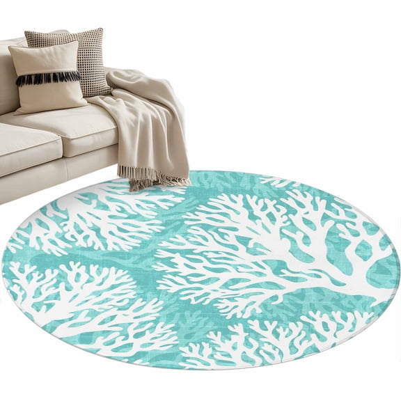 Teal Green Coral Round Area Rugs 3 ft, Coastal Ocean Beach Summer Nautical Modern Washable Small Area Rug with Non-Slip Sturdy Edge Binding Round Front Door Mat Floor Carpet for Entryway