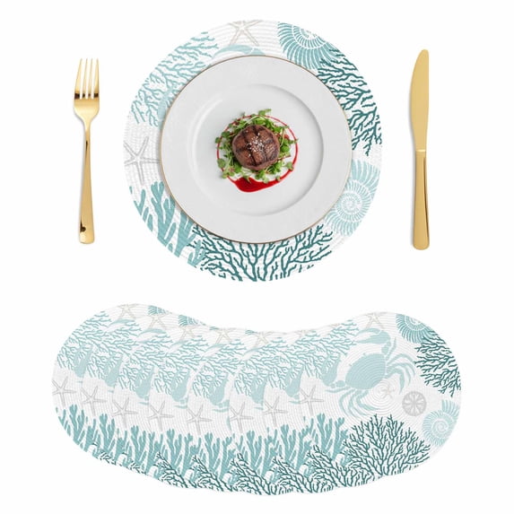 Teal Green Crab Coastal Round 13 Inch Placemats Set of 8, Summer Coral Nautical HeatResistant Non Slip Place Mats for Dining Table, Wipeable Braided Kitchen Table Mats for Housewarming