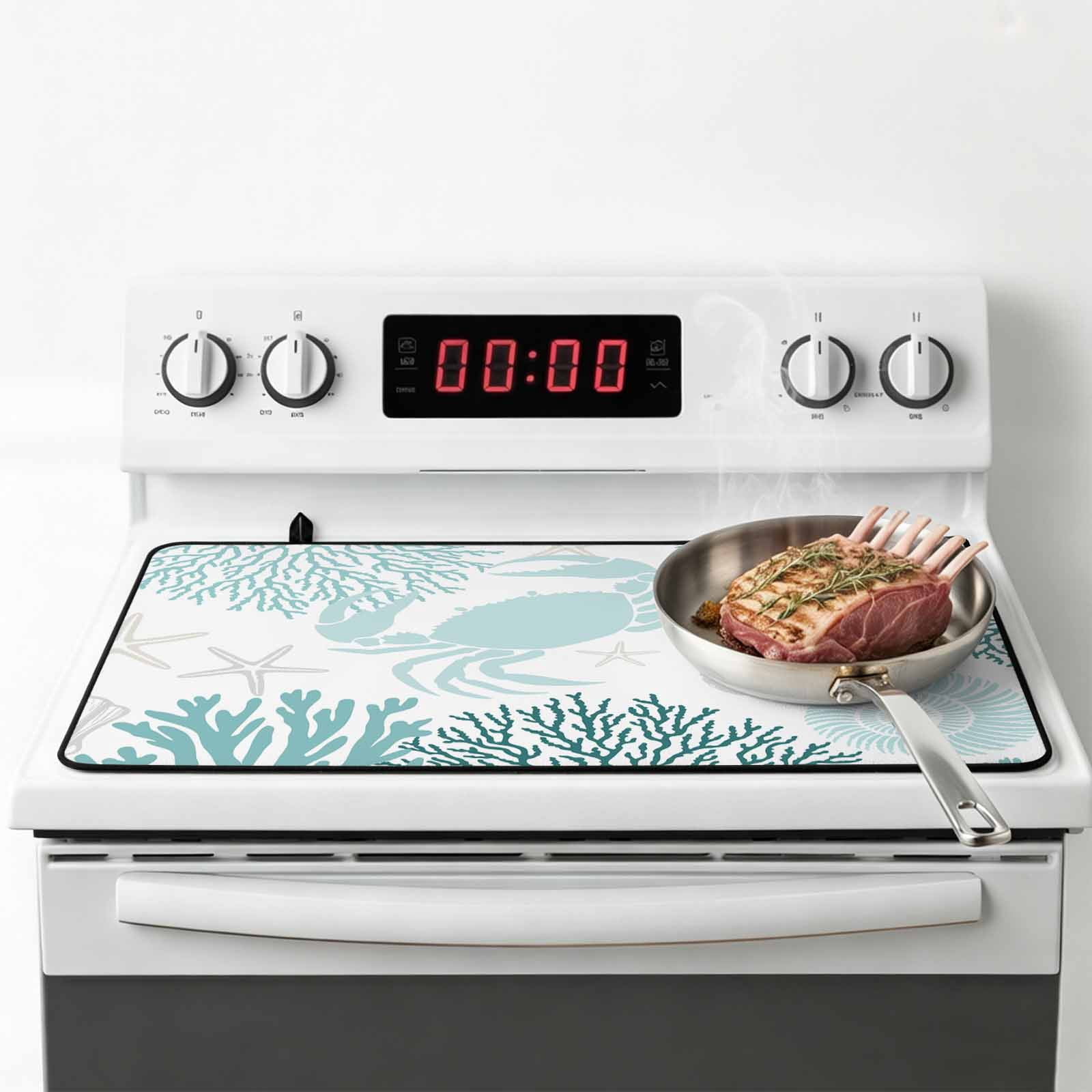 Teal Green Crab Coastal Stove Top Cover for Electric Stove, Heat-proof & Non Slip Glass Top Stove Cover Protector, Summer Coral Nautical Kitchen Flat Cooktop Rubber Mat 24x21 Inches