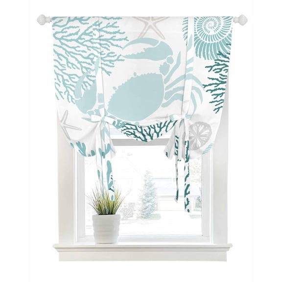 Teal Green Crab Coastal Tie Up Curtains for Window, Thermal Insulated Balloon Shade Adjustable Rod Pocket Curtains Valance Panels for Kitchen Bathroom Cafe 52 x 63 Summer Coral Nautical