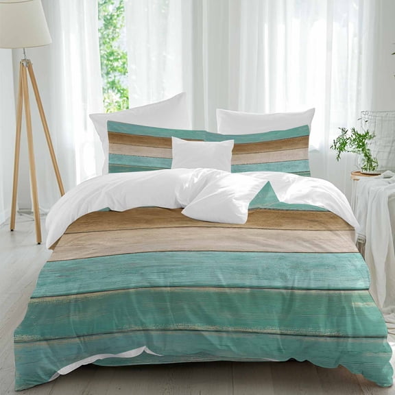 Teal Green Duvet Cover Set King Size, Brown Wooden Board Gradient Farmhouse Country 4 Piece Soft Microfiber Bedding Set with 1 Duvet Cover, 1 Flat Sheet, 2 Pillowcases