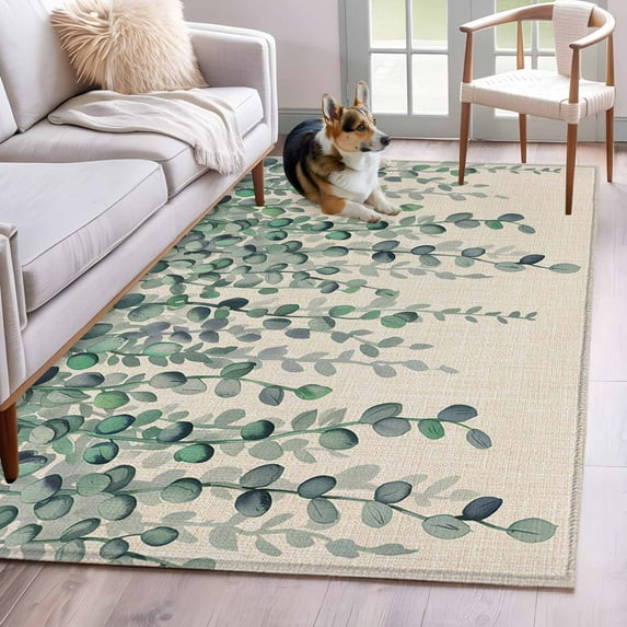 Teal Green Eucalyptus Leaves Area Rugs 4'x6', Washable Small Throw Rugs for Office Bathroom, Spring Plants Country Beige Indoor Outdoor Rug Non-Slip Low Pile Carpet Runner Reversible Floor Mats