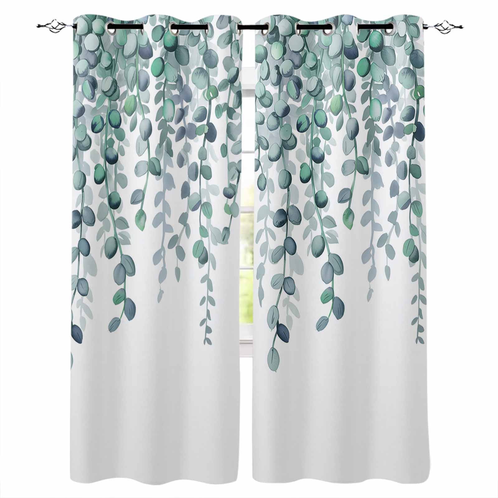 Teal Green Eucalyptus Leaves Black Out Curtains 72 Inch Long, Light ...