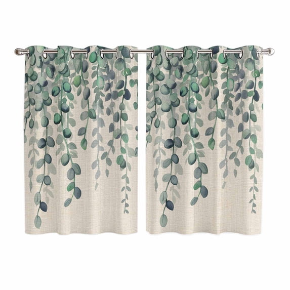 Teal Green Eucalyptus Leaves Kitchen Curtains Window Panels, Spring Plants Country Beige Insulated Window Treatment Curtain, Grommet Curtains for Bedroom/Living Room/Bathroom, 2 Piece 52"Wx63"L